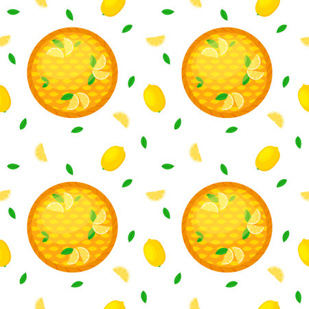 Seamless pattern with whole homemade lemon pie and lemons. Dessert ready to eat. Concept of National pie day or Thanksgiving day for web, menu, wrapping, textile, background, fabric, cloth, wallpaperのイラスト素材