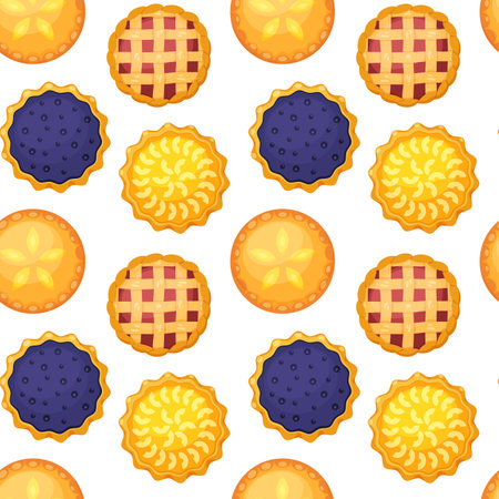 Seamless pattern with whole homemade pies with lemons, blueberries, apples, strawberries or raspberries. Concept of National pie day or Thanksgiving day. Backdrop for web, wrapping, textile, wallpaperのイラスト素材