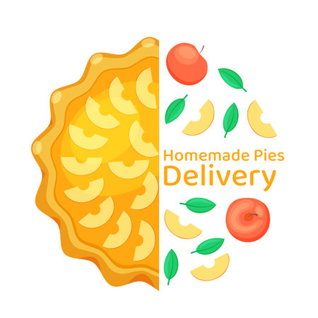 Homemade pies delivery poster design. Open apple pie. Hand drawn baking cakes. Sweet bakery banner. Dessert ready to eat. Top view. Great for web, invitation, cafe or restaurant menu, recipe, bannerのイラスト素材