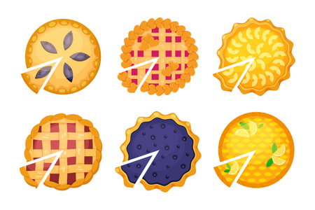 Set of homemade pies and pieces of pies with various fruit or berry fillings. Top view. Delicious cake, dessert. Concept of National pie day or Thanksgiving day for web, menu, card, recipe, deliveryのイラスト素材