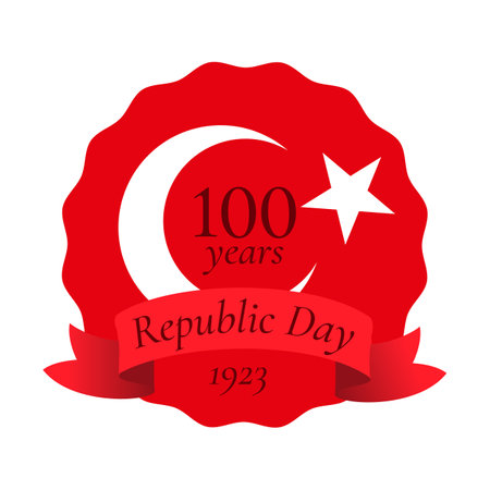 Celebration of 100 years anniversary of Turkish Republic. Festivity card with number 100, ribbon, white crescent and star on red background. 29 October. 1923 - 2023, National victory day. Flat vectorのイラスト素材