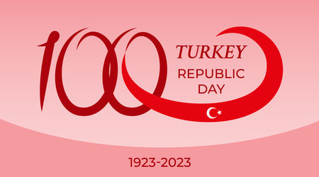 100 years anniversary of Turkish Republic. Festivity card with number 100 and the Turkish flag. 29th October. 1923-2023, National victory day. Vector flat style illustration on white backgroundのイラスト素材