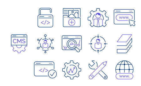 Content Management System set icons. Creation, publishing content, blog promotion, database administration, seo optimization, analysis, setting, support. Network internet technology for web businessのイラスト素材