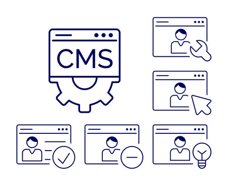 CMS roles. Content Management System set icon. Administrator, author, editor, user, guest. Website management software for content creation, publication, seo optimization, setting supportのイラスト素材