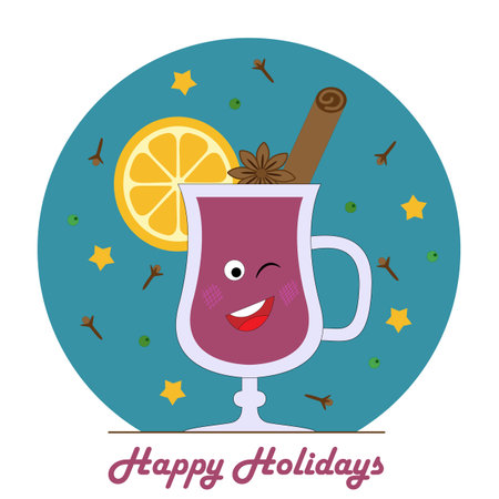 Cheerful cartoon glass of mulled wine with hot red wine, lemon or orange spice. Line vector illustration of winter and autumn alcohol drink. Can be used for greeting card, invitation, banner and posterのイラスト素材