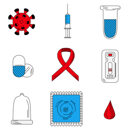 HIV or AIDS related icons. Set of 9 vector signs - virus, syringe, test tube, pills, red tape, positive express test, condom, package, drop of blood. Simple pictograms for web, mobileのイラスト素材