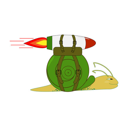 Flying snail with a backpack and a rocket. Funny cartoon character with a rocket. Vector illustration on a white background.のイラスト素材