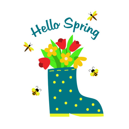 Bouquet of spring flowers in rain boot with the inscription Hello Spring. Bees and dragonflies fly around the composition. Blue boot with polka dots. vector illustration.のイラスト素材