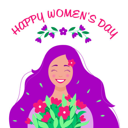 Womens Day greeting card, March 8. Happy girl with a bouquet of tulips. Lovely young woman with loose wavy purple hair. Stylish lady. spring vector illustrationsのイラスト素材