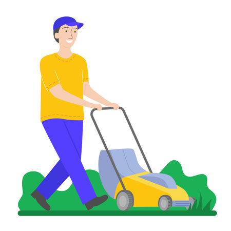 Man mows the grass with a yellow lawn mower. Smiling gardener tends the lawn. Duties of the husband in the garden. Garden work and equipment, home yard care, landscaping. vector illustrationのイラスト素材