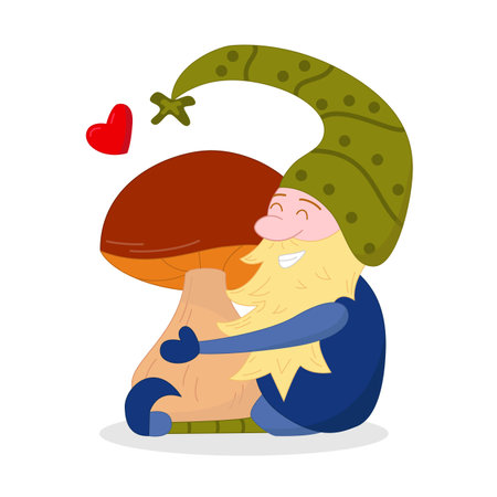 A fabulous little gnome hugs a mushroom. Autumn cute cartoon character. forest magic elf. Vector illustration isolated on white background.のイラスト素材