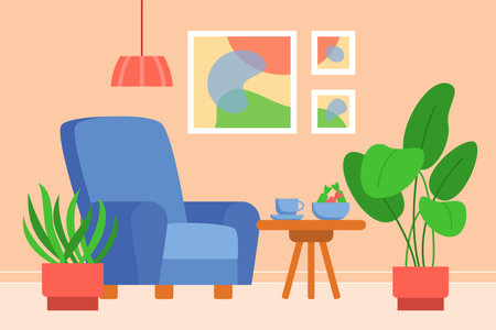 The design of the living room with furniture and plants. Cozy interior with upholstered armchair, coffee table and potted flowers. vector illustration.のイラスト素材