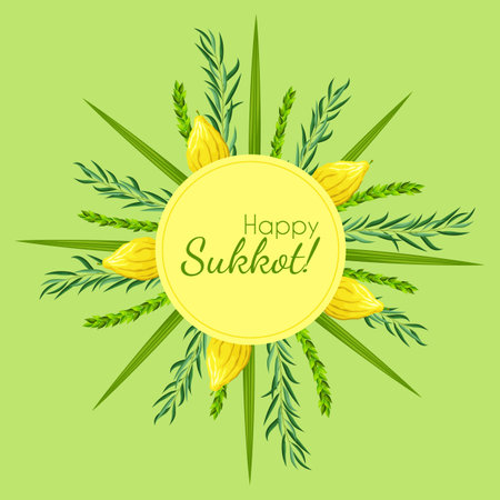 Template greeting card holiday Sukkot with palm leaves, lemon and circle frame. Feast of Tabernacles or Festival of Ingathering. Traditional jewish religious symbols: etrog, lulav, hadas, aravaのイラスト素材