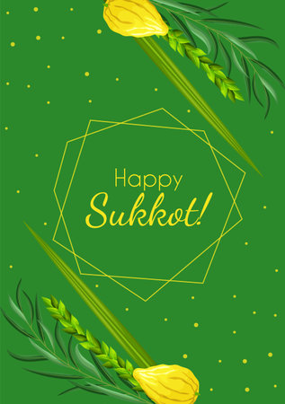Sukkot greeting card template with palm leaves, lemon and geometrical polyhedron. Feast of Tabernacles or Festival of Ingathering. Traditional judaic religious symbols: etrog, lulav, hadas, aravaのイラスト素材