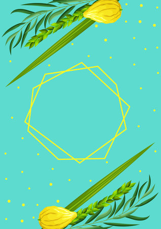 Sukkot greeting card template with blank space for congratulation text and geometrical polyhedron. Feast of Tabernacles or Festival of Ingathering. Traditional symbols is etrog, lulav, hadas, aravaのイラスト素材