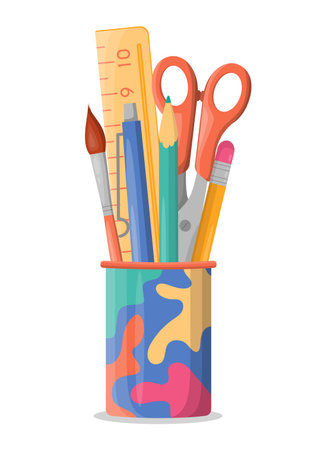 Colored stationery for school such as ruler, scissors, pencils, pen, brush in holder or cup. Back to school. Pencil stand isolated on white background. Design for banner, poster, social media, web, adのイラスト素材