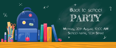 Back to school party banner template. Blue backpack with various stationery on background of school board. Design for website, marketing, educational study promotion ad, social media, invitationのイラスト素材