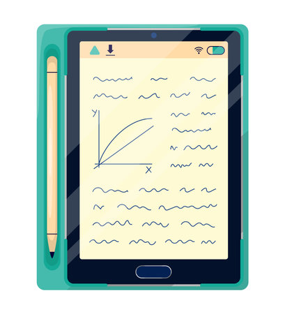 Digital tablet in case with pencil isolated on white background. Recording lectures and notes on electronic media. Back to school and education concept. Design for banner, poster, social media, webのイラスト素材
