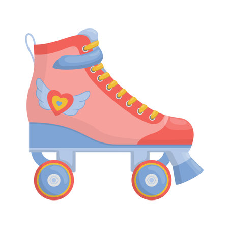 Retro roller derby skates. Quad roller skates isolated on white background. 80s and 90s sport activity vector illustration. Trendy groovy shoes for poster, banner, card, cover, label, ad, stickersのイラスト素材