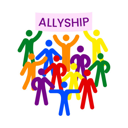 Abstract illustration of multicolor people silhouette. Activism and protest movement. Concept of community, partnership, teamwork, unity of different people, racial equality. The slogan of Allyshipのイラスト素材