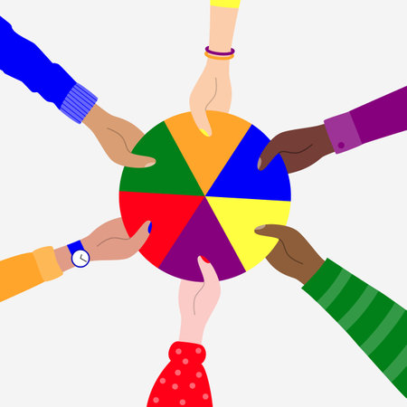 Cartoon hands of mixed-race people holding symbolic figures joined in the LGBT flag. Top view. Diversity, inclusion and equality. Community cooperation, teamwork, sexual freedom. Vector illustrationのイラスト素材