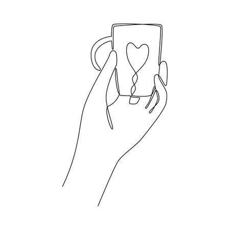 Single one line drawing of hand holding a ceramic mug. Hot coffee or tea concept. Template for print, menu, postcard, invitation, advertisement. Sketch, line art. Minimalist style. Vector illustrationのイラスト素材