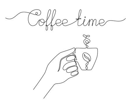 Continuous one line drawing of hand holding a coffee cup with inscription "Coffee time". Hot beverage with steam and lettering. Template for print, card, menu, poster. Sketch, line art. Minimalistのイラスト素材
