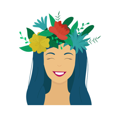 Beautiful romantic woman with a flower wreath on her head. Template for a spring and summer banner, card, poster. Happy women's day. Vector illustrationのイラスト素材