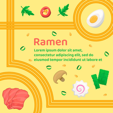 Ramen soup with meat, egg, mushrooms, kamaboko, pepper, nori and geometric wavy lines of noodles. Instant noodle, pasta and spaghetti. Japanese, Chinese wavy background. Template for menu, card, adのイラスト素材