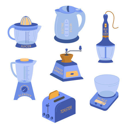 Set of household appliance and device. Kettle, hand and electric blender, toaster, scale, juicer, coffee grinder. Daily indoor gadgets isolated on white background. Flat vector illustrationのイラスト素材