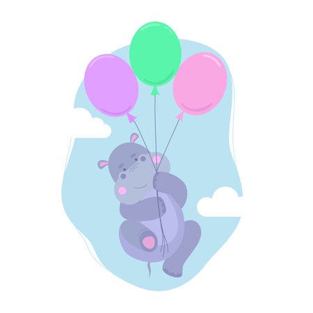 Cute hippo flies on colorful balls. Great for a children's book, cover, postcard or textile T-shirt. Vector illustration in flat cartoon styleのイラスト素材