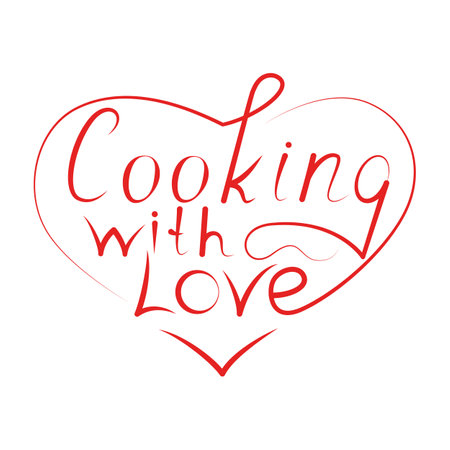 Cooking with love hand lettering quote, phrase isolated on white background. Great for badges, labels, posters, logo, bakery, street festival, country fair, menu, food studio, social media content.のイラスト素材