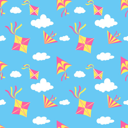 Seamless pattern with kites in the blue sky and white clouds. Great for baby design, wallpaper, pattern fills, web page, fabrics, surface, cards. Vector illustrationのイラスト素材