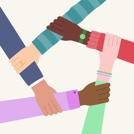 Five hands holding in circle. Concept of community, partnership, teamwork, unity of different people, racial equality. International and multicultural society and population. Vector illustrationのイラスト素材
