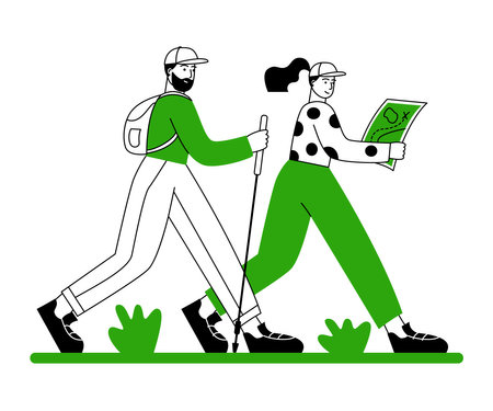 Couple walking with trekking poles, backpack and map. Young people traveling together. Adventure, trekking, healthy lifestyle, tourists walking route outdoor. Linear flat people vector illustrationのイラスト素材