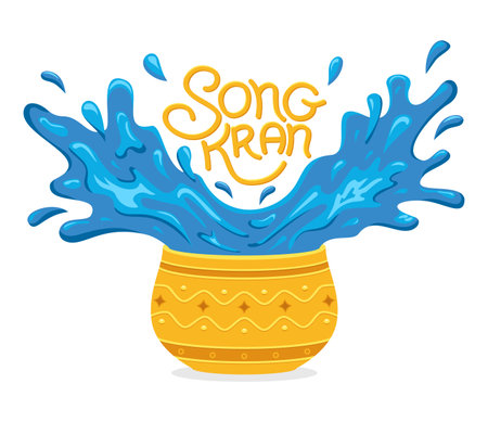 Songkran water festival Thailand. Blue water splashes out of a golden bowl with lettering design. Thai New Years day. Vector illustration for invitation, card, web, flyer, brochure, poster for eventのイラスト素材