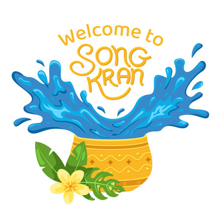 Welcome to Songkran water festival. Blue water splashes out of a golden bowl with lettering design. Thailand New Years day. Vector illustration for invitation, card, flyer, brochure, poster for eventのイラスト素材