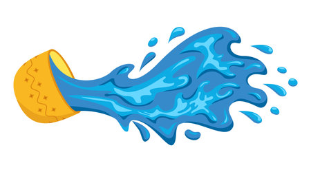 Blue water splashes out of a golden bowl. Water drinking bowl, cup. Concept for Songkran water festival. Thailand New Year day. Cartoon vector illustrationのイラスト素材