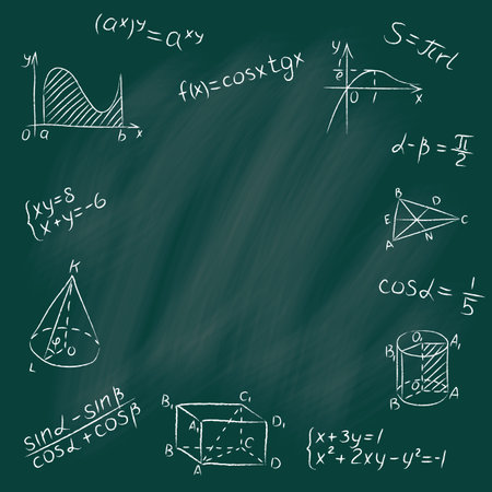 Chalk doodle math blackboard. Round design template include of mathematical figures, triangle, functions, formula, calculation, equation. Handwritten white chalked geometry signs on school chalkboardのイラスト素材