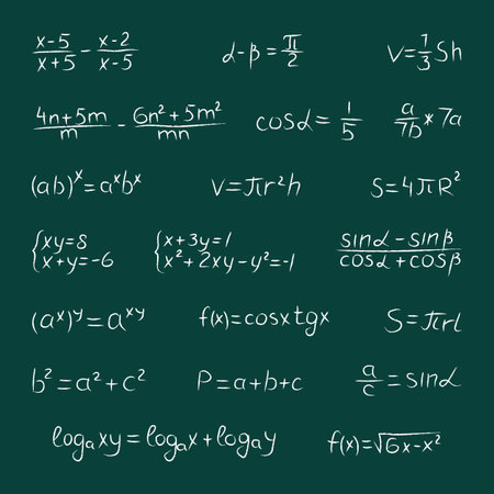 Chalk set of mathematical theory formula, calculation and equation. Doodle math blackboard. Handwritten white chalked geometry signs and equations on green school chalkboard background. Vectorのイラスト素材