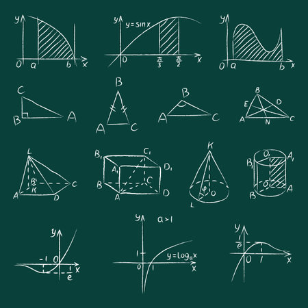 Chalk various geometric shapes. Hand drawn white chalked triangle, square, cones and function graphs are drawn on green school chalkboard background. Set of mathematical figures and functionsのイラスト素材