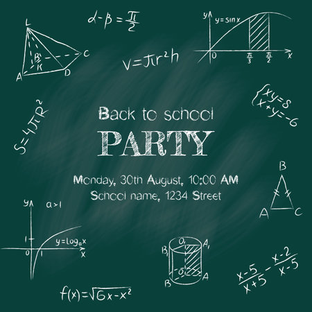 Back to school party banner. Chalk doodle math blackboard. Round design template include of handwritten mathematical figures, triangle, geometry functions, formula, calculation and equation. Vectorのイラスト素材
