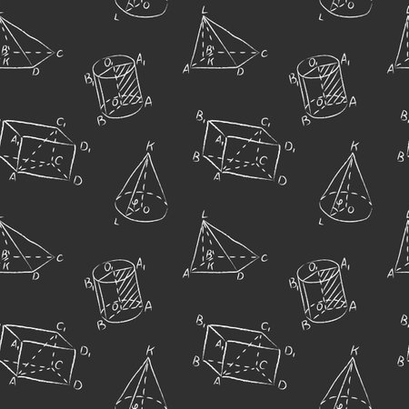 Seamless pattern of chalk various geometric shapes. Hand drawn white chalked triangle, tetrahedron, square, parallelepiped, cones and cylinder are drawn on black school chalkboard backgroundのイラスト素材