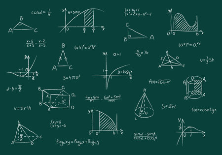 Chalk set of mathematical figures, functions, formula, calculation and equation. Hand drawn white chalked geometric triangle, square, cones and function graphs are drawn on green school chalkboardのイラスト素材