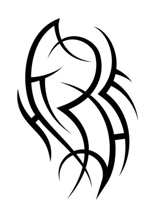 Neo abstract tribal tattoo. Vertical black shoulder tattoo. Cyber sigilism style hand drawn ornament. Celtic gothic body ornament shapes. Maori ethnic figure isolated on white background. Sketch artのイラスト素材