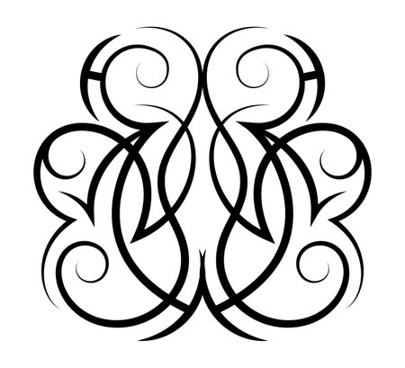Neo abstract tribal tattoo. Vertical black shoulder tattoo. Cyber sigilism style hand drawn ornament. Celtic gothic body ornament shape. Maori curl ethnic figure isolated on white backdrop. Sketch artのイラスト素材