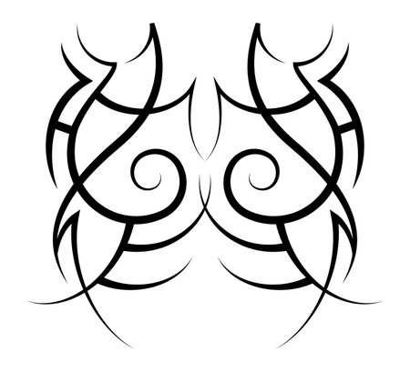 Neo abstract tribal tattoo. Mirror black shoulder tattoo. Cyber sigilism style hand drawn ornament. Celtic gothic body ornament shape. Maori curl ethnic figure isolated on white background. Sketch artのイラスト素材