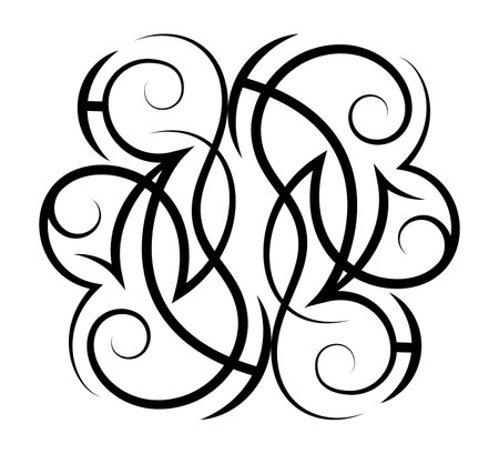 Neo abstract tribal tattoo. Mirror black shoulder tattoo. Cyber sigilism style hand drawn ornament. Celtic gothic body ornament shape. Maori curl ethnic figure isolated on white backdrop. Sketch artのイラスト素材