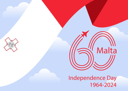 60 years anniversary of Malta Independence Day. Maltese flag is depicted against blue sky with clouds. Red number 60 are drawn as aircraft trails. Great for logo, card, website, print, design, posterのイラスト素材