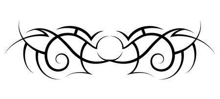 Neo abstract tribal tattoo. Horizontal black shoulder tattoo. Cyber sigilism style hand drawn ornament. Celtic gothic body ornament shapes. Maori ethnic sign isolated on white backdrop. Sketch artのイラスト素材